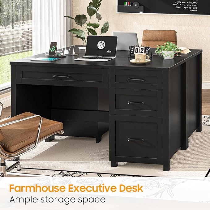 Farmhouse 47" Executive Desk, Computer Desk with File Drawer and Charging Station, Workstation for Home Office, Study.（Pure Black）