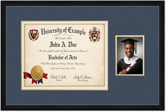 CountryArtHouse Fits 15 x 12 Military/Government and 5 x 7 Photo Diploma and Photo Frame Matte Black Genuine Hardwood with Navy Blue Over Metallic Gold Double mat