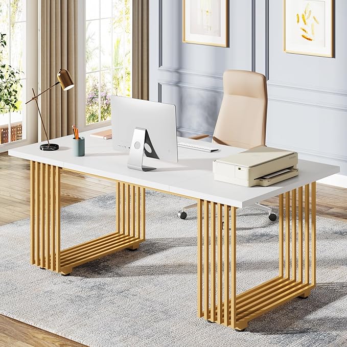 Tribesigns 70.9" Modern Office Desk, Wooden Computer Desk, White Executive Desk with Gold Metal Legs, Large Workstation for Home Office, Study Writing Desk, Small Conference Table for Meeting Room