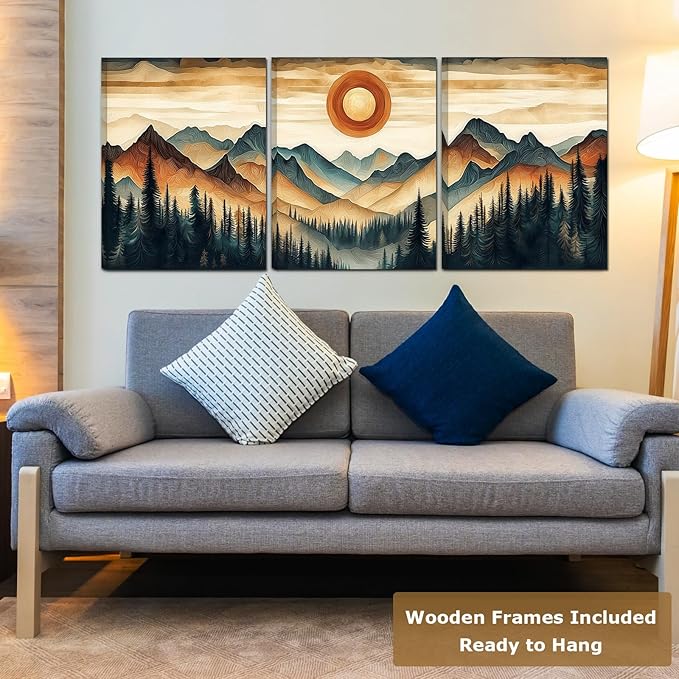 Framed Mountain Canvas Wall Art, Tree Ring Landscape Wall Decor, Forest Scenery Wall Art for Bedroom Bathroom Kitchen Living Room Home (Framed, 12x16in, Set of 3)