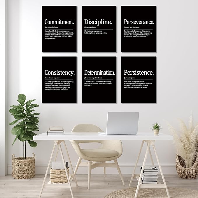 COSCTOR Set of 6 Motivational Wall Art Decor Inspirational Quotes Framed Canvas Black and White Pictures for Workplace Office Garage Gym Classroom Bedroom(Framed,12x16)