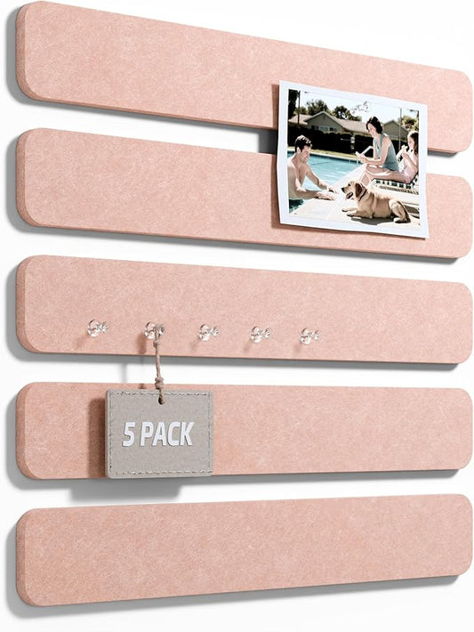 Fluxynara Cork Board Alternative Felt Strip Board 5-Pack 13"x2", Office Pin Board with 35 Push Pins, Adhesive Install for Bedroom Door & Home Office(Pink)