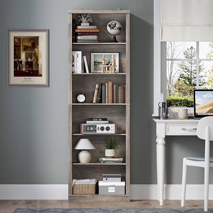 75" Tall Bookshelf, 6-Tier Floor Standing Bookcase with 2 Adjustable Shelves, 24" Wide Open Storage Shelf, Modern Display Organizer for Home Office, Living Room, Bedroom, Study