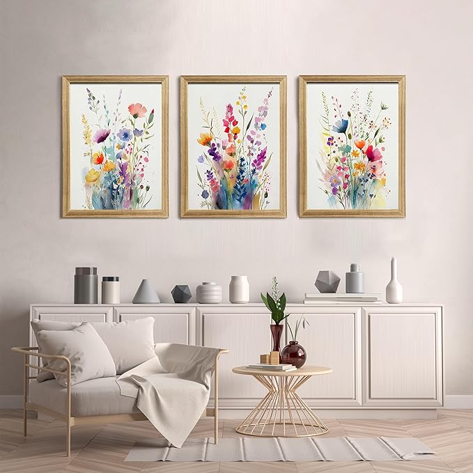 Watercolor Wildflower Wall Art Set Of 3, Colorful Floral Bouquet Wall Decor For Living Room Bedroom Kitchen, Art Prints With Wooden Frame 12x16 Inches Wood Framed Easy To Hang