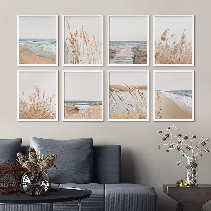 SIGNWIN Framed Poster Wall Art Set of Coastal, Beach Ocean Nature Landscape Prints, Pampas Grass for Living Room, Bedroom, Office - 12"x16"x 8 White