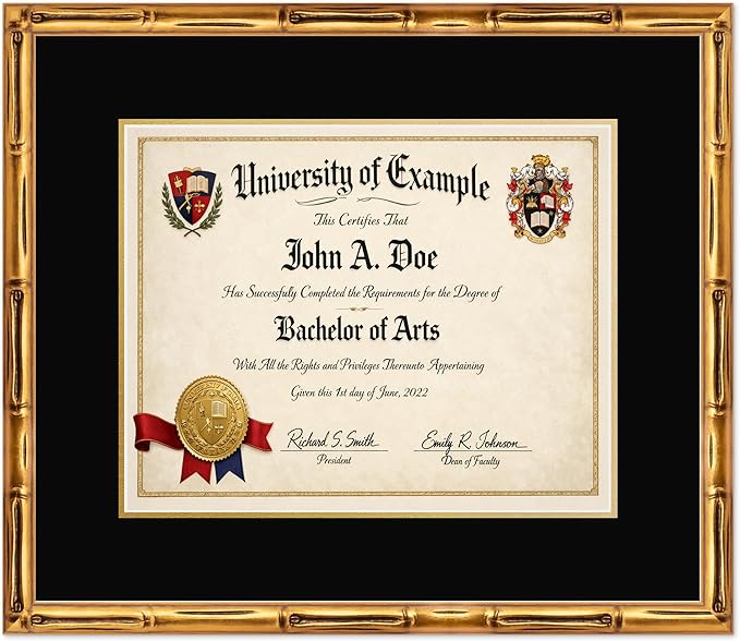 CountryArtHouse Diploma Frame Fits 15 x 12 Military/Government - Keepsake Graduation Display Gold Bamboo Genuine Hardwood with Black Over Metallic Gold Double mat
