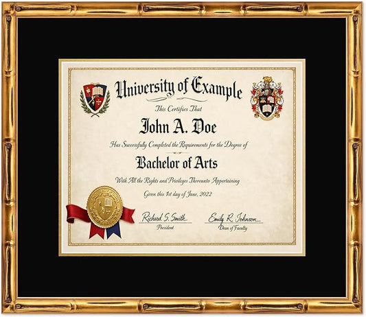 CountryArtHouse Diploma Frame Fits 15 x 12 Military/Government - Keepsake Graduation Display Gold Bamboo Genuine Hardwood with Black Over Metallic Gold Double mat