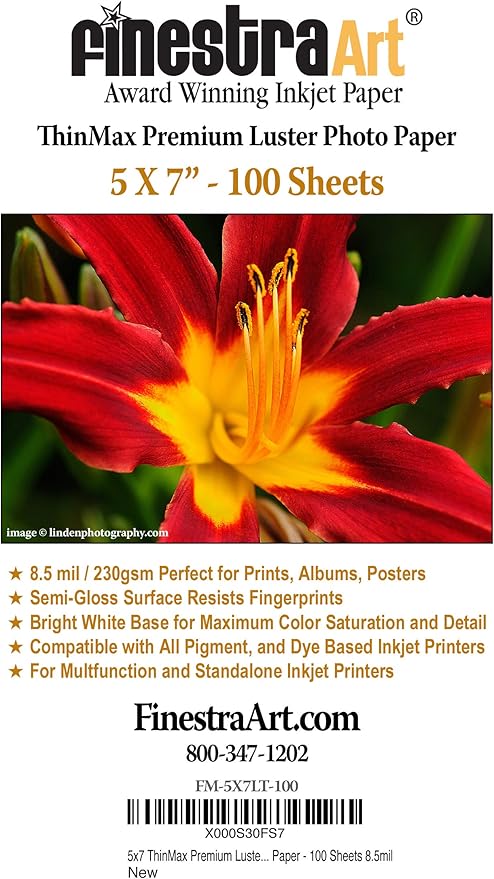5" X 7" Thinmax Premium Luster Inkjet Photo Paper - 100 Sheets