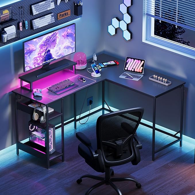 DEVAISE 55 Inch L Shaped Gaming Desk with LED Lights & Power Outlets, Corner Desk for Small Spaces, Sturdy PC Computer Table with Storage for Home Office, Black