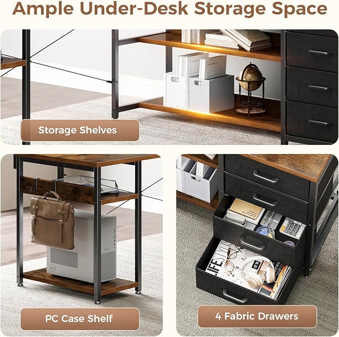 AODK 69" L Shaped Desk with Drawer, Computer Desk with Power Outlets & LED Lights, Reversible Corner Gaming Desks for Home Office Workstation, Office Table with Monitor Shelf, Vintage