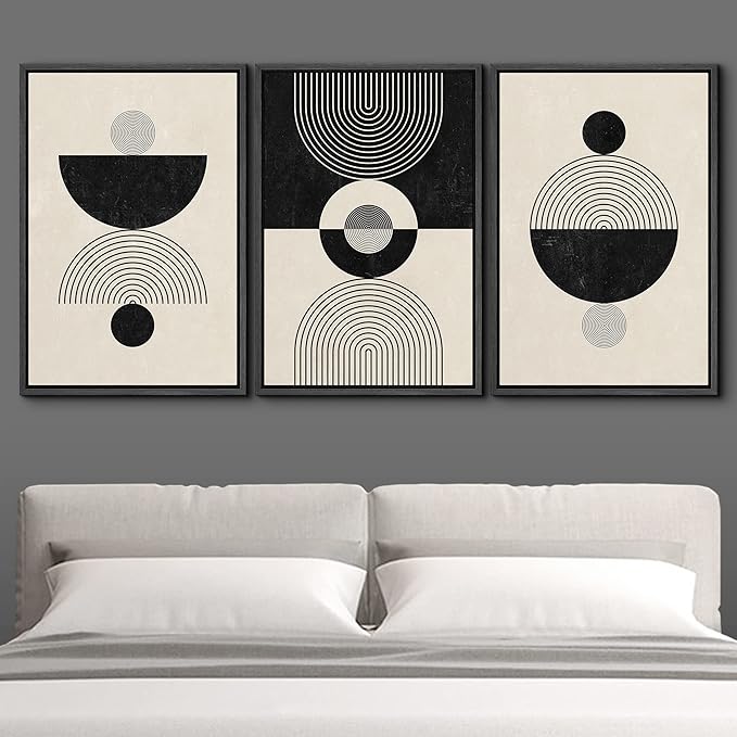 IDEA4WALL Framed Canvas Print Wall Art Set Geometric Black Tan Stripe Polygon Landscape Abstract Shapes Illustrations Modern Art Decorative Nordic for Living Room, Bedroom, Office - 16"x24"x3 Black