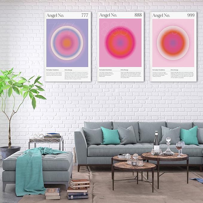 SHMAO Colorful Gradient Aura Angel Numbers Poster Canvas Wall Art for Room Aesthetic Inspirational Spiritual Wall Art Paintings Abstract Minimalist Wall Decor for Bedroom 24"x36" x 3 Pcs