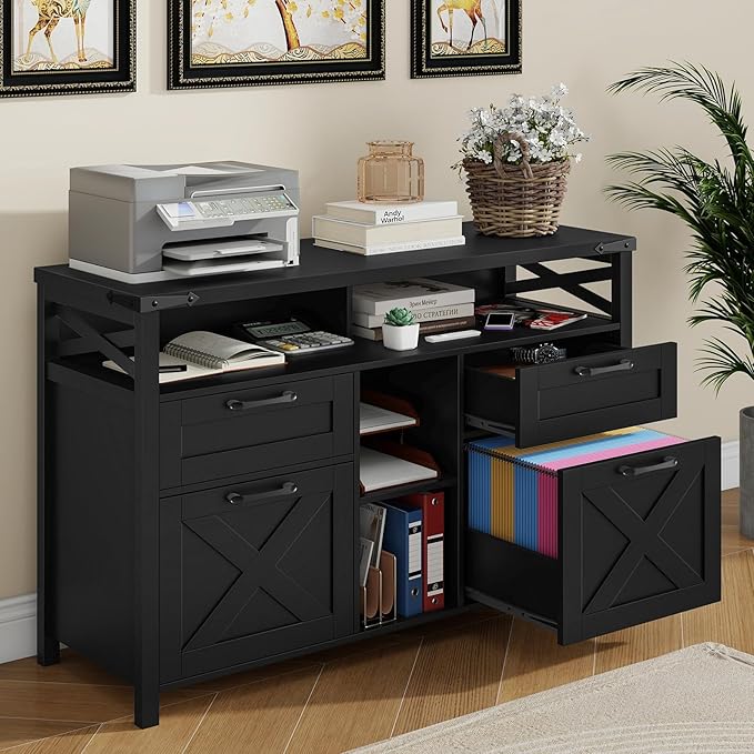 Farmhouse Filing Cabinet with Adjustable Shelf for Home Office, Lateral File Cabinets 4 Drawers with Open Storage Shelf, Filing Organization Storage Cabinets for Hanging Files Letter/A4.Pure Black