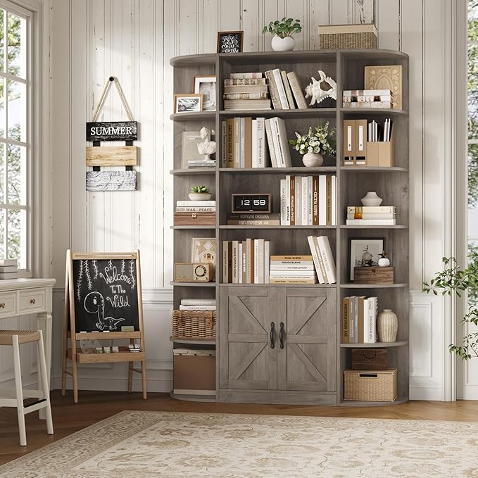 HOSTACK 75" Tall Book Shelf and Bookcase, 6 Tier Bookshelf with Storage, 47" Wide Bookcase with Door, Freestanding Wood Display Shelves with Book Storage Cabinet for Home Office, Living Room, Ash Grey
