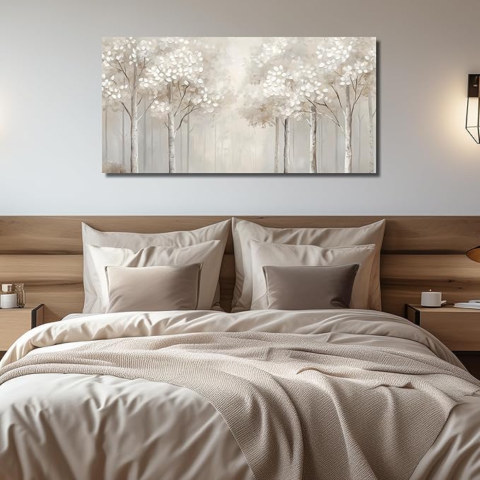 ANCXWOTER Large Forest Wall Art for Living Room White Misty Birch Tree Picture for Bedroom Office Modern Landscapes Canvas Prints Ready to Hang 24x48 Inch