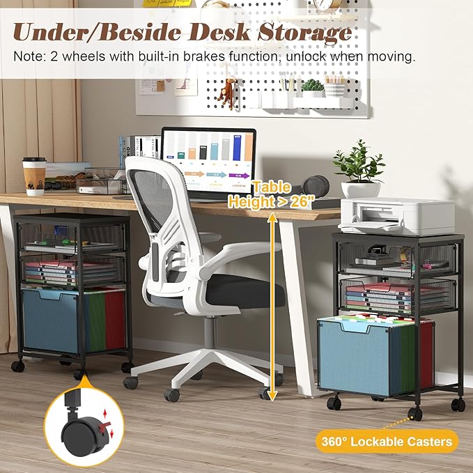Rolling File Cart with 3 Drawers, Metal Mobile Filing Cabinet for Home Office, Hanging Folder Holder with Printer Stand, Utility Cart Under Desk Storage Organizer with Wheels, Black