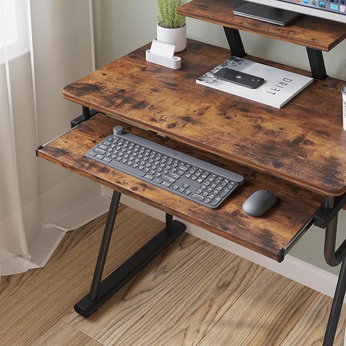 TigerDad Gaming/Computer Desk, Home Office Small Desk with Monitor Stand, Rustic Writing Desk, Dismountable Computer Tower Stand, Adjustable Storage Space, Modern Design Corner Table