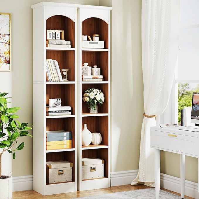 Tribesigns 70.9-Inch Tall Narrow Bookcase Set of 2, 5-Tier Cube Bookshelf with Storage, Modern Slim Corner Display Shelves for Home Office, Living Room, White & Oak