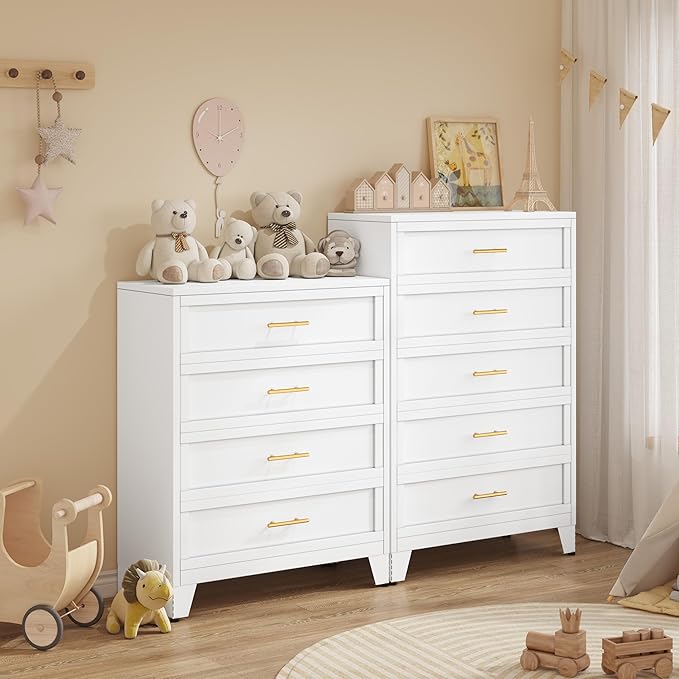 Tall 4 Drawers Dresser for Bedroom, Metal Drawer Dresser Chest Organizer, 4 Drawer Metal File Cabinet, Drawer Cabinet for Home Office Collection and Storage Small Size Files (White)