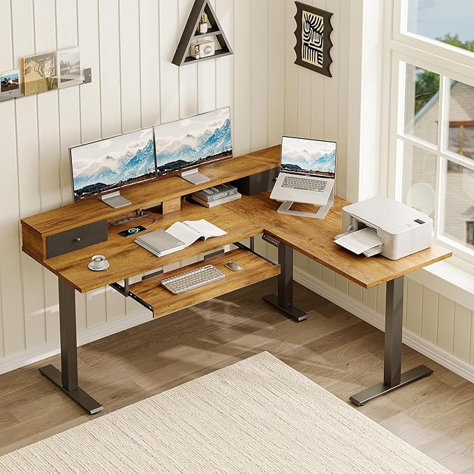 Casaottima 59 Inch Electric L-Shaped Standing Desk with Drawers, Height Adjustable Stand Up Corner Desk with Monitor Stand & Keyboard Tray, Lift Table for Home Office, Workstation, Rustic Brown