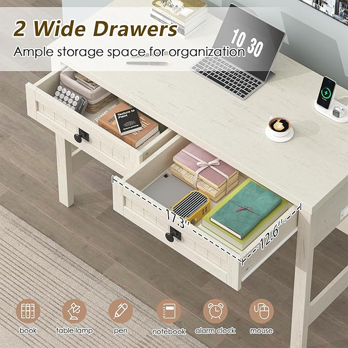 Farmhouse Computer Desk with 2 Drawers, 39 Inch Small Office Computer Desk with Power Outlets, Compact Writing Study Vanity Desk for Small Spaces, White