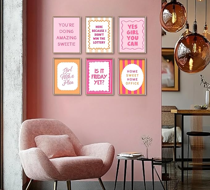 6Pcs Pink Inspirational Wall Art Contemporary Home Workspace Wall Decor Pictures Yes, you can Motivational Quotes Phrases Poster Prints for Bedroom Apartment Home Decoration 8x10inch unframed