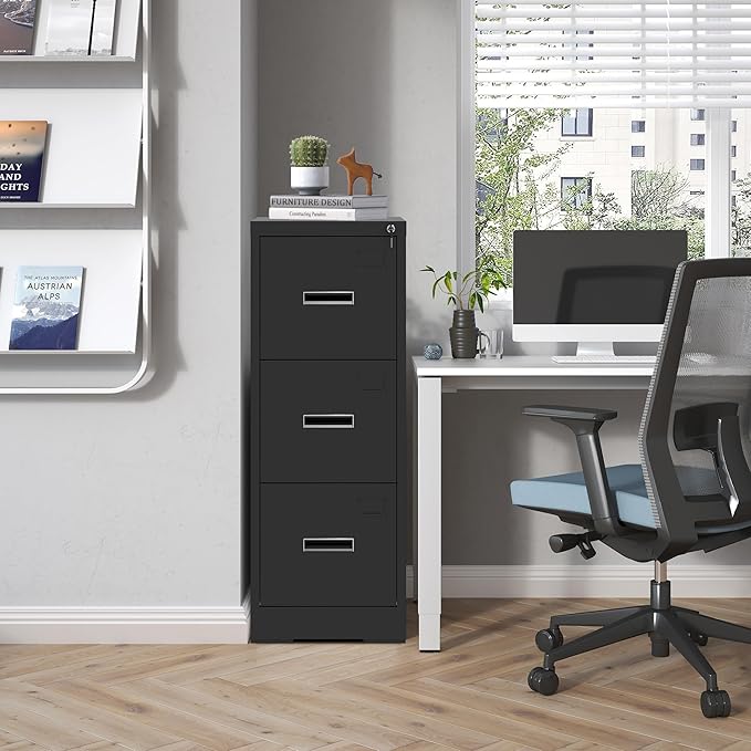 3 Drawer File Cabinet with Lock and Card Slot, Metal Vertical Filing Cabinets for Home Office, Steel Storage Cabinet for Hanging Legal/Letter Size Files, Assembly Required (Black)