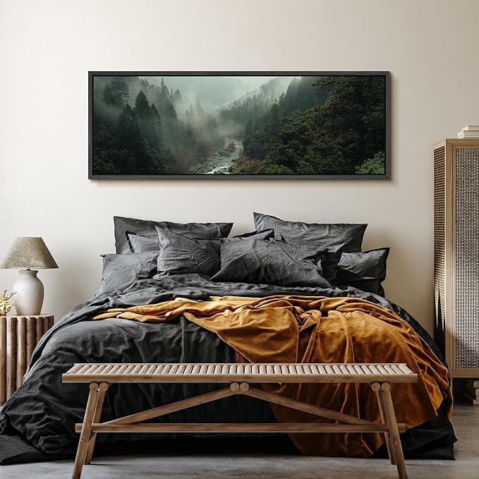 SIGNFORD Large Framed Canvas Misty Forest River Landscape Nature Photography Illustrations Modern Art Calm Warm for Living Room, Bedroom, Office - 60"x20"