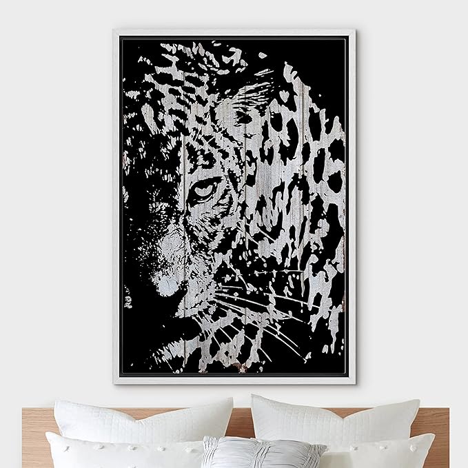 IDEA4WALL Framed Canvas Print Wall Art Grayscale Spotted Leopard on Light Wood Panels Animals WildLife Illustrations Modern Art Tropical Portrait for Living Room, Bedroom, Office - 24"x36" WHITE