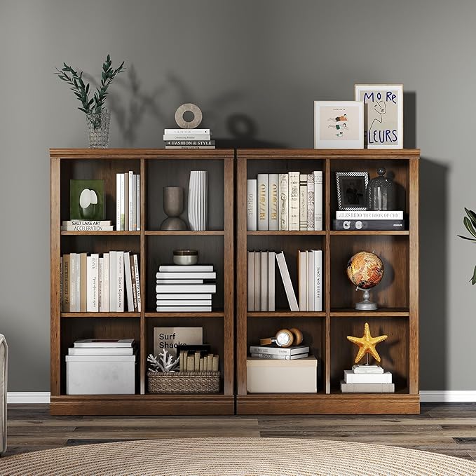 6 Cube Storage Organizer Bookcase - 3 Tiers 6 Storage Cube Adjustable Space Book Case, Display Cabinet Organizer, 30 inch Width Horizontal Bookshelf for Home Library Office, Vintage Oak