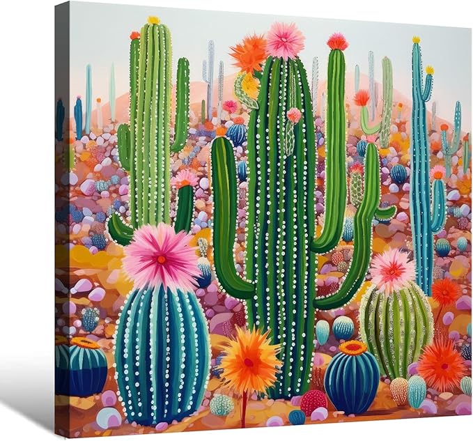 Goldfoilart Botanical Wall Art Framed Canvas - Boho Tropical Plant Print with Cactus & Succulents Green Floral Nature Artwork 24x24 Inch Ready to Hang for Bathroom Living Room Office
