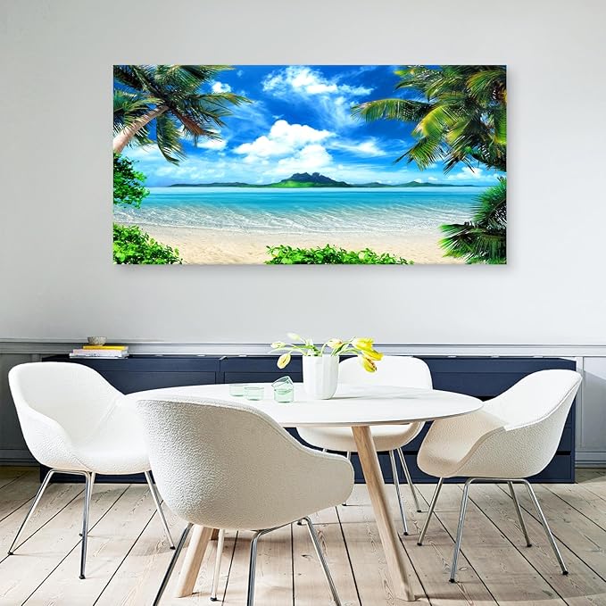 DZL Art S72798 Canvas Wall Art Ocean Waves Coconut Trees on Sands Beach Seascape Scenery Painting Nature Picture for Bedroom Home Office Wall Decor