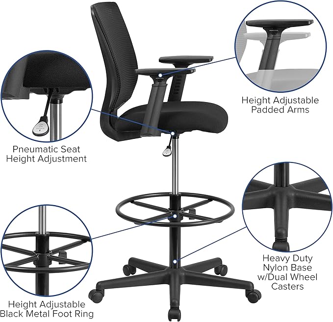 Flash Furniture Harper Ergonomic Mid-Back Mesh Drafting Chair with Black Fabric Seat, Adjustable Foot Ring and Adjustable Arms
