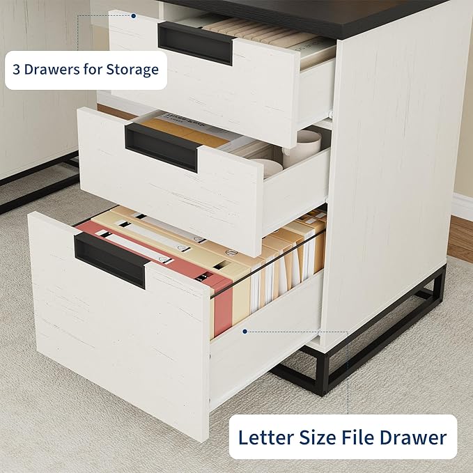 Garvee 59 in Farmhouse Executive Desk, Home Office Desk with File Drawer and Storage Cabinet, Wooden Computer Table with 3 Drawers for Work and Study ，White+Vintage/Black