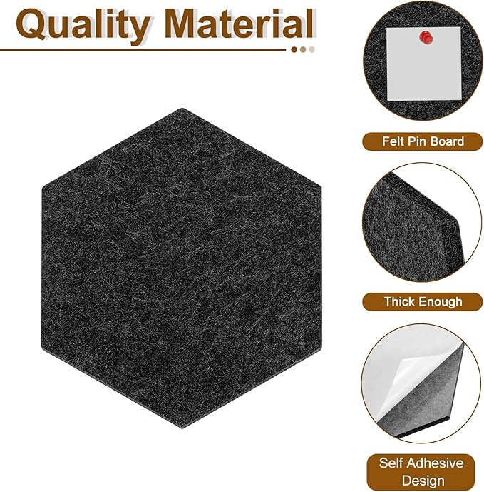 uxcell 6 Pcs Hexagon Felt Pin Board with 40 Pcs Pushpins 8.7" x 7.5" Self Adhesive Felt Bulletin Board Cork Boards for Walls Decorations Paste Notes Photos Schedules, Black