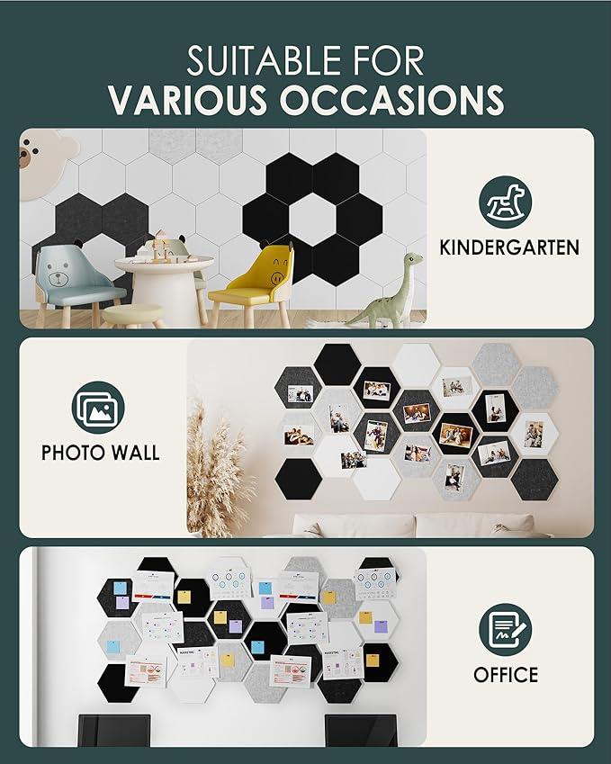 MaxGear 8Pcs Large Hexagon Felt Cork Board Tiles, Grey Self-Adhesive DIY Bulletin Board Pin Board for Office School Home Wall Decor Stickers Photos Display Memos