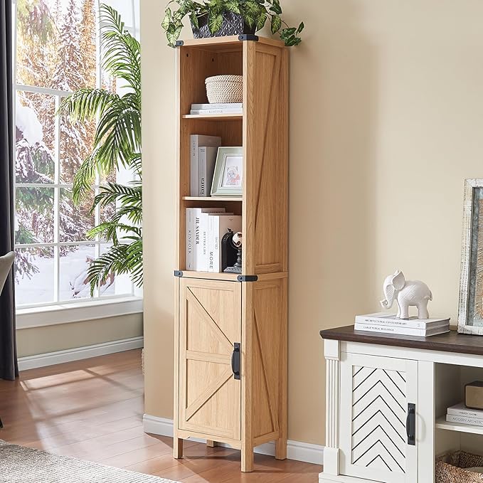71" Tall Bookshelf, 5 Tier Bookcase with Adjustable Shelves and Barn Doors,Natural Wood Farmhouse Bookshelf with Storage Cabinet,Wood Freestanding Display Bookshelves for Bedroom,Living Room