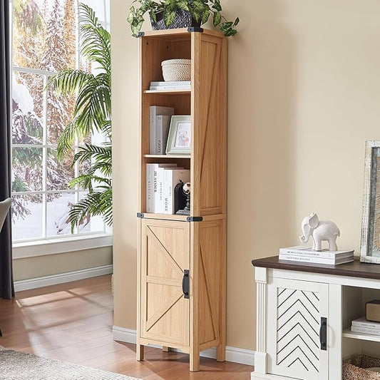 71" Tall Bookshelf, 5 Tier Bookcase with Adjustable Shelves and Barn Doors,Natural Wood Farmhouse Bookshelf with Storage Cabinet,Wood Freestanding Display Bookshelves for Bedroom,Living Room