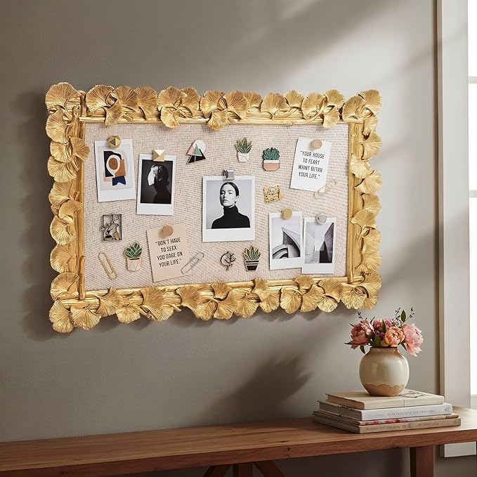 Vintage Framed Pin Board Linen Display Bulletin Board Large Cork Fabric Picture Photo Pinboard Memo Ornate Decorative Pinboard Ornate for Wall Gift(Ginkgo Leaf,30'' X 20'',Gold)