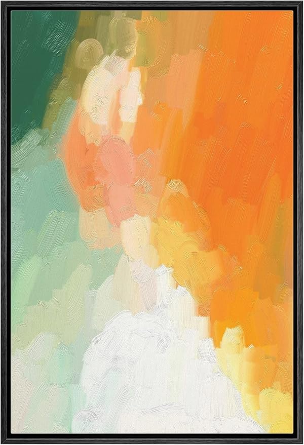 MUDECOR Framed Canvas Print Wall Art Pastel Green, Orange & White Paint Strokes Abstract Shapes Watercolor Modern Art Contemporary Multicolor Ultra for Living Room, Bedroom, Office - 16"x24" Black