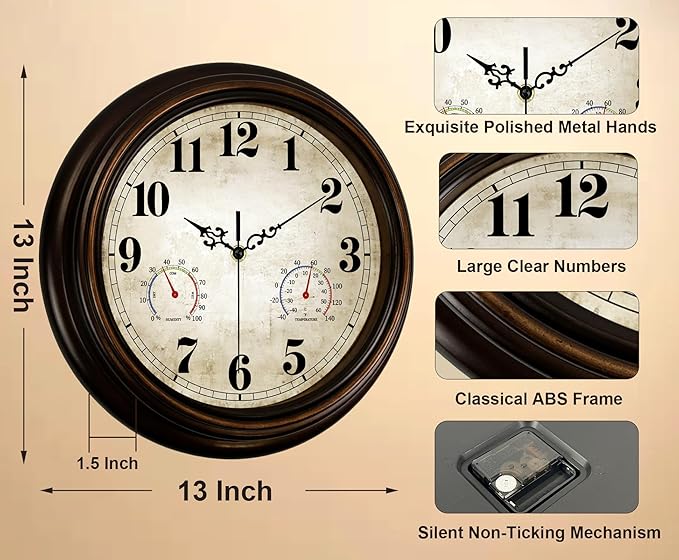 Vintage Wall Clock 13 Inch Quartz Silent Non-Ticking Analog Clock with Thermometer and Hygrometer, Battery Operated Rustic Round Decorative Clock for Living Room Home Office Classroom