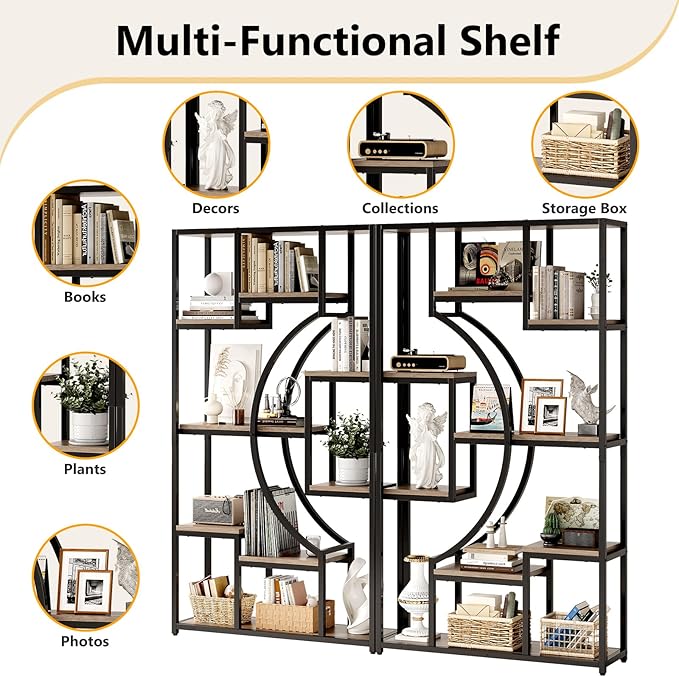 70.8" Tall Bookshelf Set of 2, 79" Wide Geometric Display Shelf with 18 Open Storage Shelves, Etagere Bookcase for Living Room, Office, Bedroom - Anti-Tip & Adjustable Feet