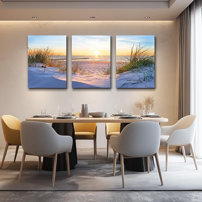 MHARTK66 Large Canvas Wall Art For Bedroom Wall Decor For Living Room Modern Office Pictures Wall Artwork Blue Sun Beach Grass Ocean Landscape Paintings Canvas Art Prints Home Decorations 3 piece