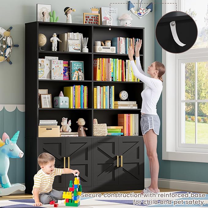 Black Bookshelves and Bookcases with 4 Doors, 6 Tier Double Book Shelf with Storage Cabinets, Gold Handle, Standing Display Open Display Shelves, 71" Tall Book Case for Living Room Library