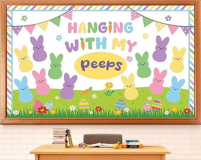 Easter Bulletin Board Set Easter Bunny Classroom Decorations Spring Peeps Bulletin Board Border Colorful Rabbit Eggs Paper Cutouts Home for Happy Easter Party School Classroom Chalkboard Supplies