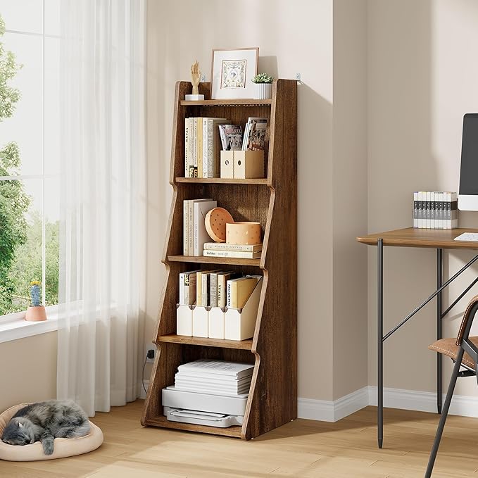 Hoctieon 5-Tier Open Bookcase and Bookshelf with LED Light, Floor Standing Display Storage Shelves, Wood Modern Display Organizer for Home Office, Living Room, Bedroom, Study, Rustic Brown
