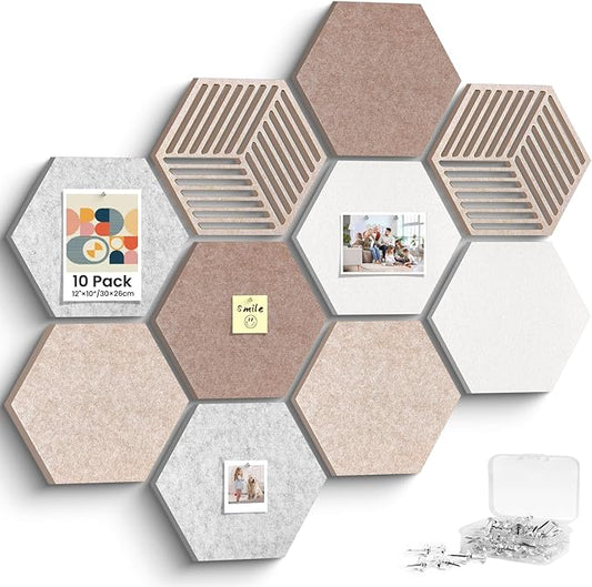 Hexagon Cork Bulletin Boards for Walls Decor, 10 Pack Felt Board Tiles with 25 Push Pins, Photo Display Board for Office & Home Classroom DIY Decor