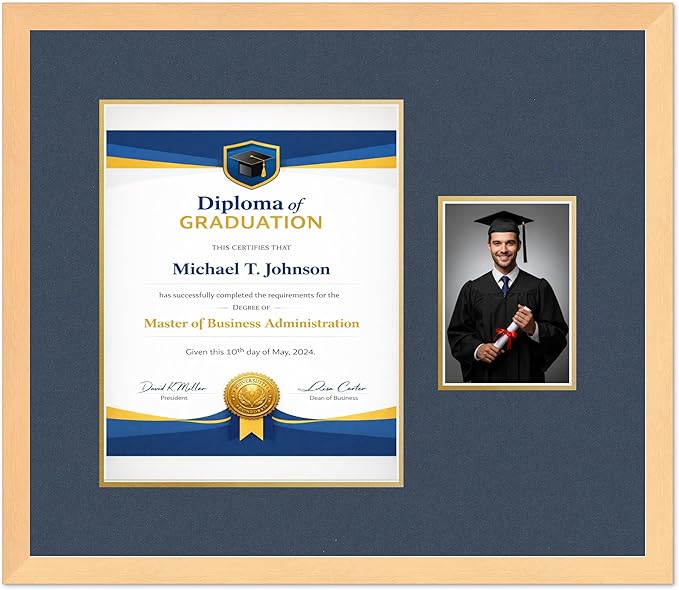 Diploma Frame With Photo Opening Natural Wood Navy Blue Over Gold Mat - Fits 11 x 14 Degree and Picture Made in the USA
