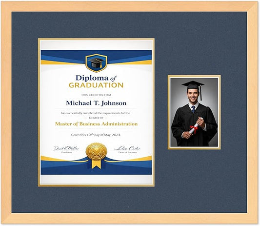 Diploma Frame With Photo Opening Natural Wood Navy Blue Over Gold Mat - Fits 11 x 14 Degree and Picture Made in the USA