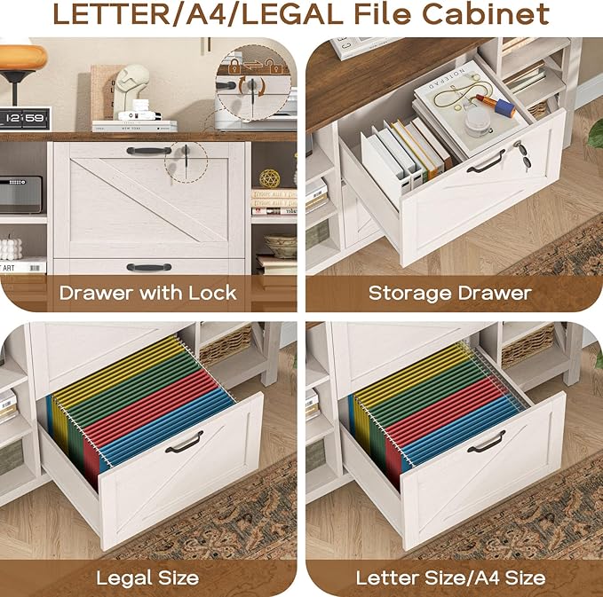 44" Lateral File Cabinet with Adjustable Shelves, Farmhouse 2 Drawer Filing Cabinet with Lock for Legal/A4/Letter, Wooden Printer Stand Office Furniture Storage Cabinets for Home Office, Rustic White